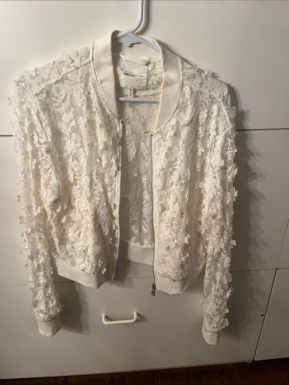 Lace Appliqué Bomber Jacket -white lace